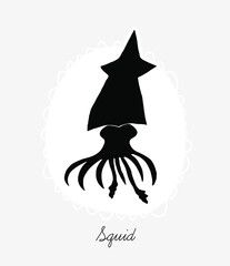 Squid silhouette. Decorative ornament shape isolated on background. Modern cutout linocut style poster. Hand drawn lettering title. Modern vector illustration.