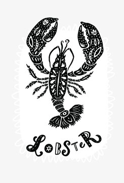 Lobster silhouette. Decorative ornament shape isolated on background. Modern cutout linocut style poster. Hand drawn lettering title. Modern vector illustration.