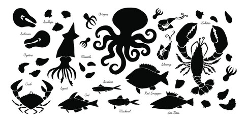Seafood silhouettes shapes isolated on background. Modern cutout linocut style poster. Hand drawn food symbols. Modern vector illustration.