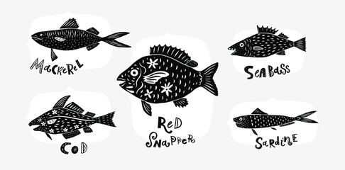 Edible fish silhouettes decorative isolated on background. Modern cutout linocut style. Red snapper, mackerel, sardine, Sea Bass, Cod. Hand drawn lettering titles. 