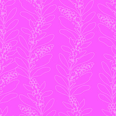 Fototapeta na wymiar Vector seamless pattern with outline silhouettes of acacia flowering branch. Each outline silhouette is isolated on pink background for easy editing. Texture for ceramic tile wallpapers allover prints