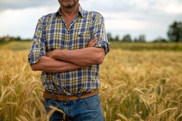 Naklejka na ściany i meble Close up of a mature male farmer with arms crossed proud with his work on a wheat grain field used for biological and ecological natural cereal farming and organic cultivation ready for harvesting.