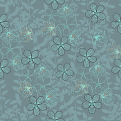 Creative seamless pattern with hand-drawn flowers and silhouettes of leaves. Modern floral background. Wallpaper, fabric, and textile design. Good for printing. Wrapping paper pattern. Cute pattern.