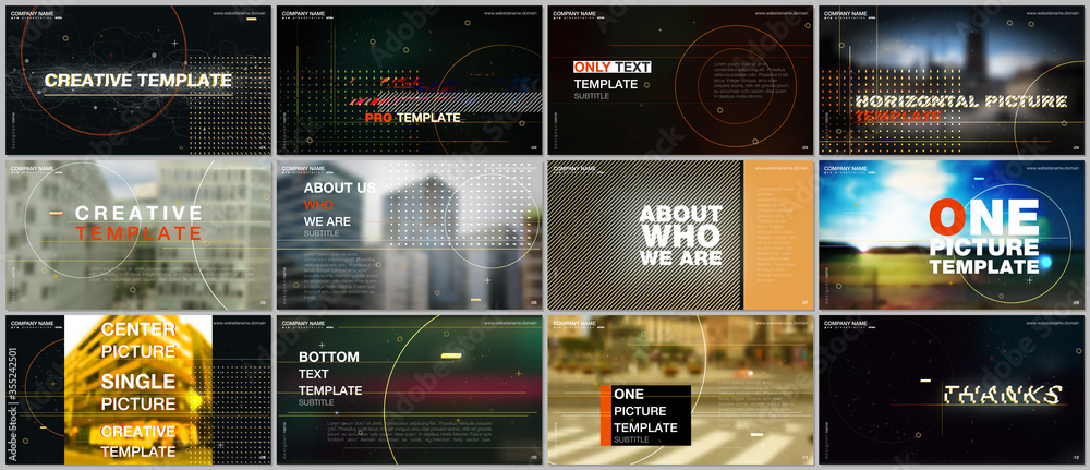 Poster presentations design vector template with technology backgrounds, glitches, lines, dots and circles.