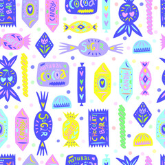 Candy silhouettes seamless pattern. Hand drawn vector illustration of sweet treats isolated on white background in modern cut out linocut style. Repeating design for baby apparel textile, party paper.