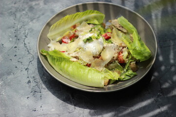 Food photography. Fresh vegetable salad, chicken, eggs with a sprinkling of delicious herbs in the dish