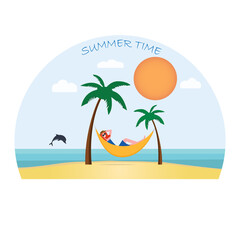 Summer time. chaise lounge between palm trees, a girl in a chaise lounge on vacation by the sea. Vector illustration EPS 10