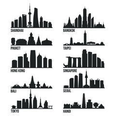 Asia Cities Most Famous Skyline City Silhouette Design Collection Set Pack