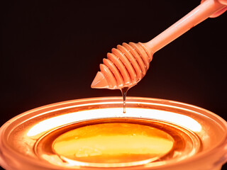 Wooden spoon collecting honey from a transparent bowl on a black background