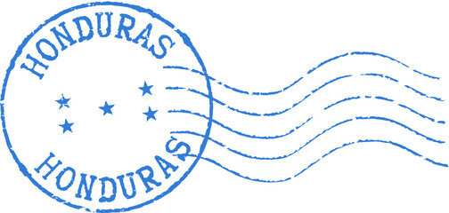 Blue postal grunge stamp 'Honduras'. White background.