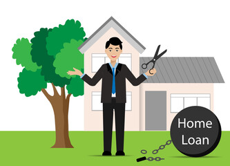 Happy businessman standing with big scissor cut chains of home loan on his leg in front of beautiful house. all installment on home loan has been paid. Idea for home loan, estate mortgage. 