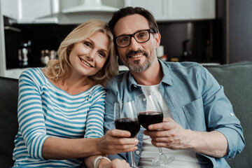 Smiling mature couple toasting with wine at home