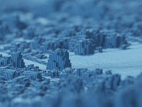 blue voxels landscape computer generated illustration