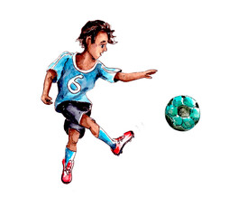 Fototapeta na wymiar Hand-drawn watercolor illustration.Children's sport.Children play soccer.A boy soccer player in a blue uniform with a number plays with a green soccer ball.Isolated on a white background.