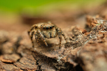 Jumping spider Attulus floricola on bark. Macro photography. Czech Republic, Europe