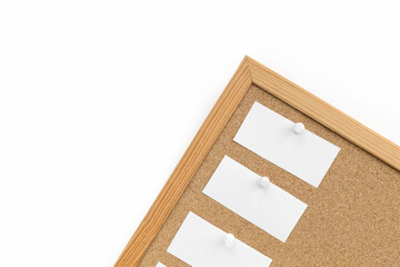 Sticky notes on cork board. Notes, goals, post, ideas, memo or action plan concept.