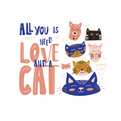 Cute zoo poster with cat and lettering . Vector illustration for cat's shelter design. Animal print for t-shirt.