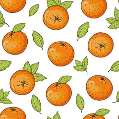 Vector hand drawn seamless pattern with oranges and leaves. Graphic texture for package, wrapping paper, card, gift, fabric, wallpaper.