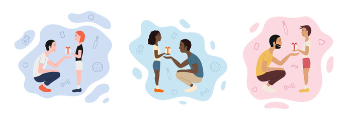 Father and child set. Receiving a gift. Illustration for Father's day greeting card, banner, poster.