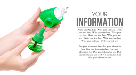 Protection against mosquitoes insects in hand pattern on white background isolation