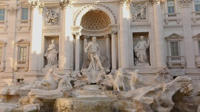 Trevi Fountain in Rome, Trevi Fountain in sunny weather, tourists near Trevi Fountain