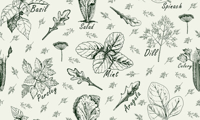 Vintage seamless pattern with popular herbs in cooking. © lenaalyonushka