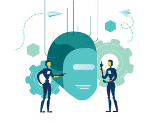 Vector abstract illustration, futuristic cyberpunk design, cyborgs work on surrealistic project, modern nano technology