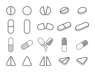 Outline style different pills set isolated illustration on white background. Round, oval, triangle, capsule tablets.