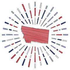 Sketch map of Montana. Sunburst around the us state in flag colors. Hand drawn Montana shape with sun rays on white background. Vector illustration.