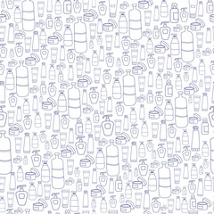 Seamless pattern of beauty and cosmetic icons. Creams and bottles. Vector outline illustration. Women set, packaging, design and decoration, printing, wallpaper