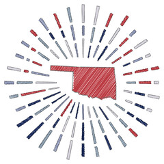 Sketch map of Oklahoma. Sunburst around the us state in flag colors. Hand drawn Oklahoma shape with sun rays on white background. Vector illustration.