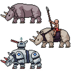 vector pixel art isolated war rhinoceros weapons