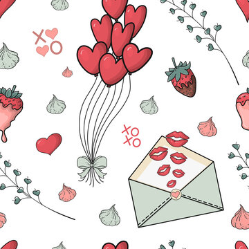 Seamless vector pattern with hand drawn colored symbols of Valentine's Day isolated on white background. For party, romantic event, wrapping paper, cards, invitations, gifts, fabrics, wallpapers.