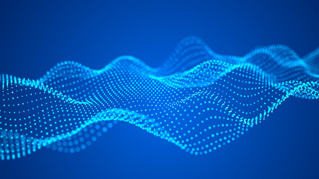 Digital dynamic wave of particles. Abstract blue futuristic background. Big data visualization. 3D rendering.