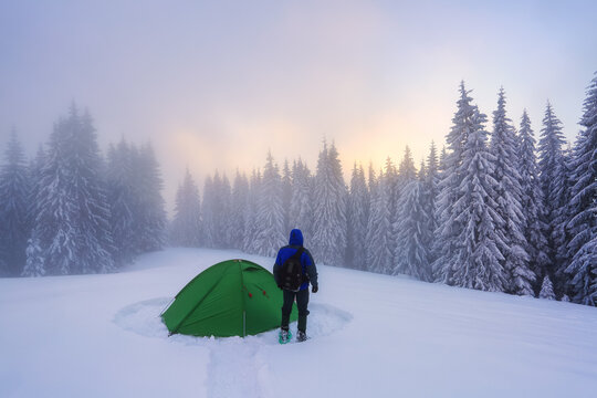 Mountain winter landscape. Tourist stands on the path next to the green tent. Wild forest. Pine tree. A lawn covered with snow. Snowy wallpaper background. Free space for text.