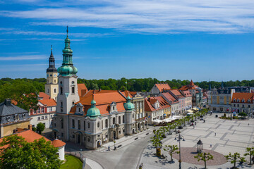 Pszczyna Aerial View. Main market square in historical european city. Colorful old buildings and clear blue sky. Pszczyna, Upper Silesia, Poland.