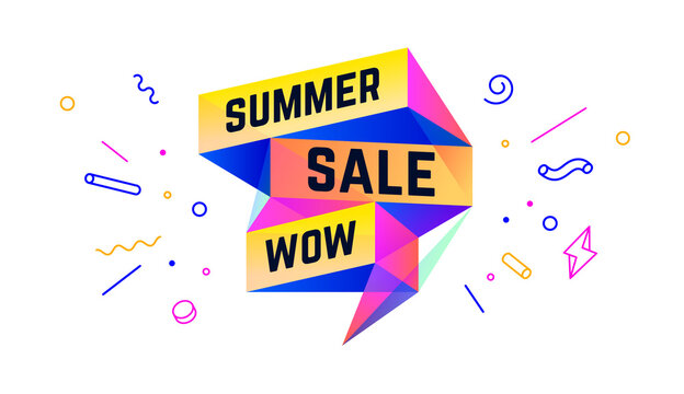 Summer Sale. 3d sale banner with text Summer Sale Wow for emotion, motivation. Modern 3d colorful web template on black backdrop. Design elements for sale, discount. Vector Illustration