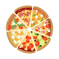 Big collection of different slices pizza top view with ingredients. Italian tasty pizza: vegetarian, seafood, cheese, mushroom, hawaiian and meat topping in flat style on white background.