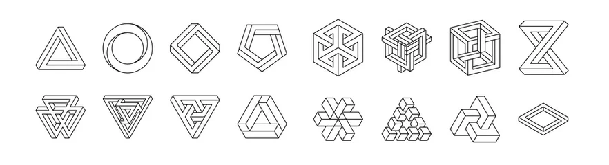 Satz unmöglicher Formen. Optische Täuschung. Vektor-Illustration isoliert auf weiß. Heilige Geometrie. Schwarze Linien auf weißem Grund. © Ann_Sereda