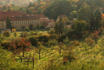 Old house on hillside in Prague in the fall.