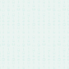 Seamless pattern of beauty and cosmetics icons and women bags on a blue background. Cosmetic bag and lipstick with nail polish, mirror. Vector outline contour. For design and packaging, print and