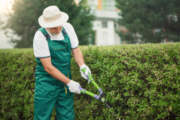 Man in hat cutting overgrown bushes.