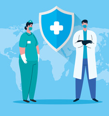 female and male nurse and doctor with uniforms and masks vector design