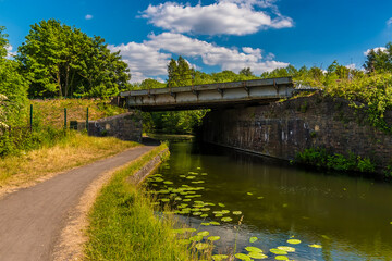 A view towards a railway bridge over the Birmingham Canal in summertime