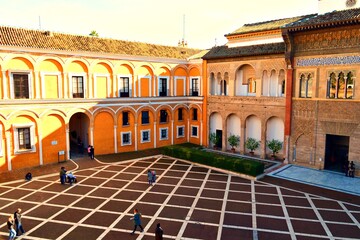 view of the Patio de la Monter&iacute;a inside the monumental complex of the Real Alc&aacute;zar of Seville in Andalusia in Spain, a palace declared Unesco heritage