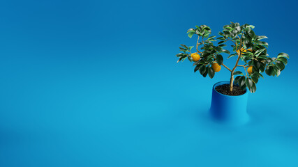 orange tree in abstract blue flowerpot, background concept, 3D illustration
