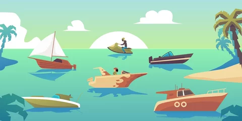 Fotobehang Zeegroen Motorboats and ships in tropical sea landscape - different water transport  © sabelskaya