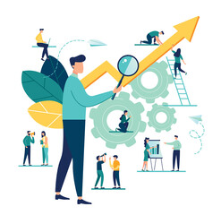 vector illustration a group of people characters are thinking over an idea. prepare a business project start up. rise of the career to success, flat color icons, business analysis 