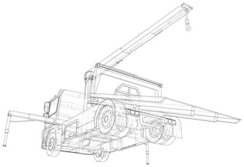 Tow truck vector. Towing car trucking vehicle transportation towage. Help on road. Wire-frame. The layers of visible and invisible lines are separated. EPS10 format.