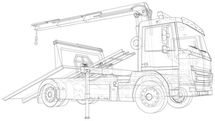 Vector Wire-frame tow truck. The layers of visible and invisible lines are separated. EPS10 format. Vector created of 3d.